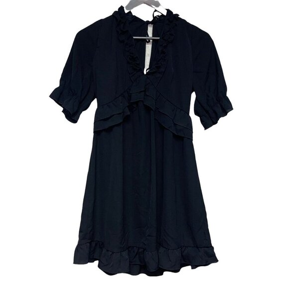 NEW! Purple Snow Black Ruffle V-Neck Knee Length Dress Size Large - Picture 1 of 6